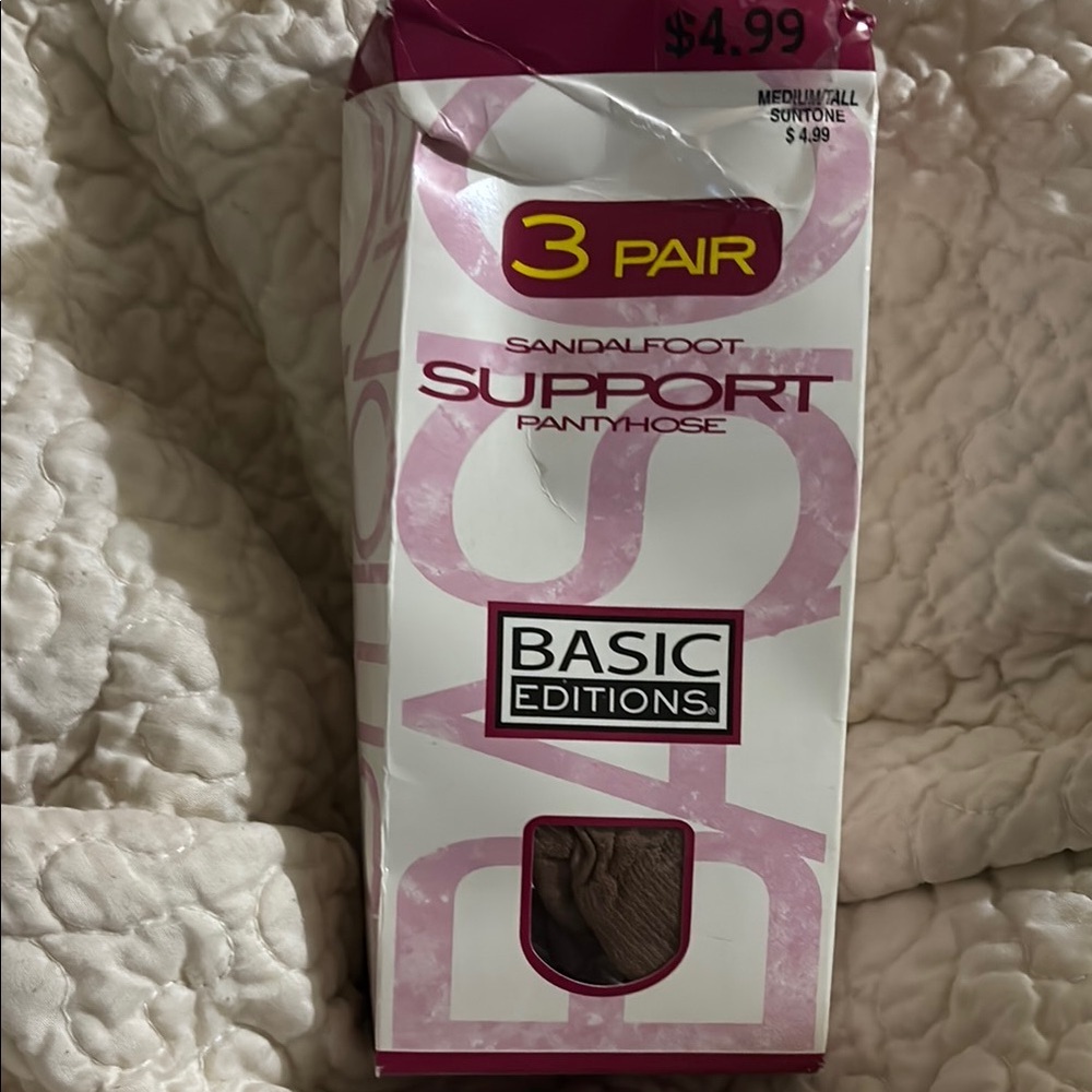 Vintage Basic Editions Suntone Sandalfoot Support Pantyhose - 3 Pair Pack